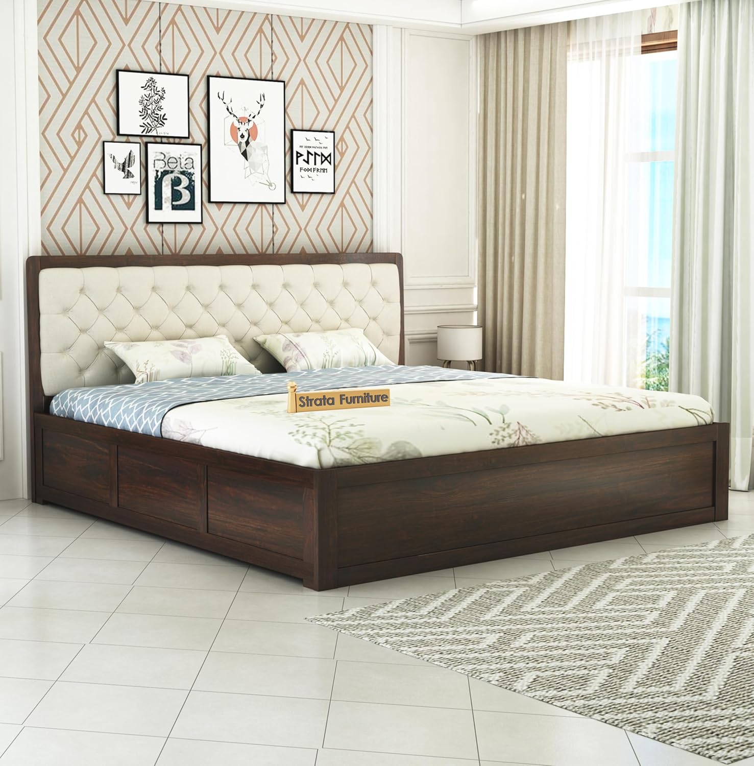 STRATA FURNITURE Solid Sheesham Wood King Size Bed with Storage for Bedroom Living Room Solid Wooden Furniture Double Bed for Home Hotels (Walnut Finish)