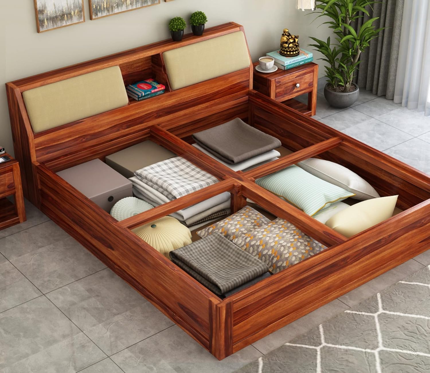 STRATA FURNITURE Sheesham Wood King Size Bed with Box Storage Wooden Double Bed Cot Bed Furniture for Bedroom Living Room Home (Honey Finish)