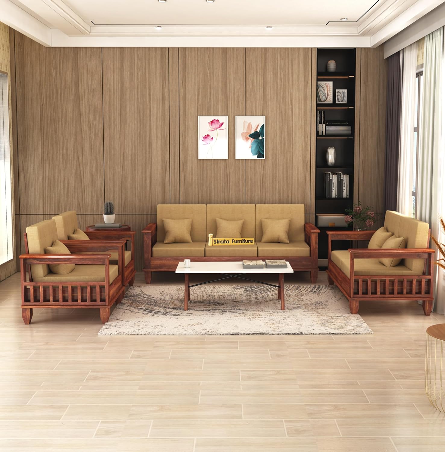 STRATA FURNITURE Sheesham Wood 7 Seater Sofa Set for Living Room Home Office Hall Solid Wooden 3+2+1+1 Seater Sofa Set Furniture (Honey Finish)
