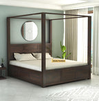 STRATA FURNITURE Solid Sheesham Wood King Size Poster Bed with Storage Wooden Double Bed Furniture for Bedroom Living Room Home (Walnut Finish)