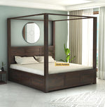 STRATA FURNITURE Solid Sheesham Wood King Size Poster Bed with Storage Wooden Double Bed Furniture for Bedroom Living Room Home (Walnut Finish)