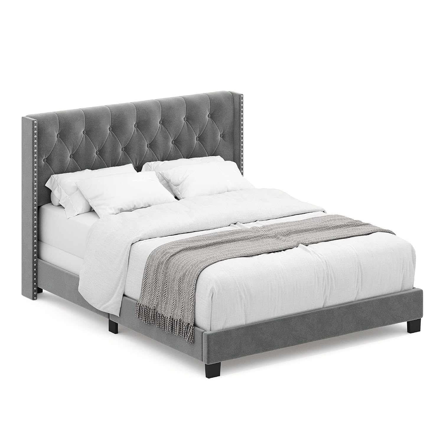 STRATA FURNITURE Wooden Queen Size Wingback Headboard Bed Cot Without Storage Upholstered Double Bed for Bedroom Living Room Home (Dark Grey Finish)