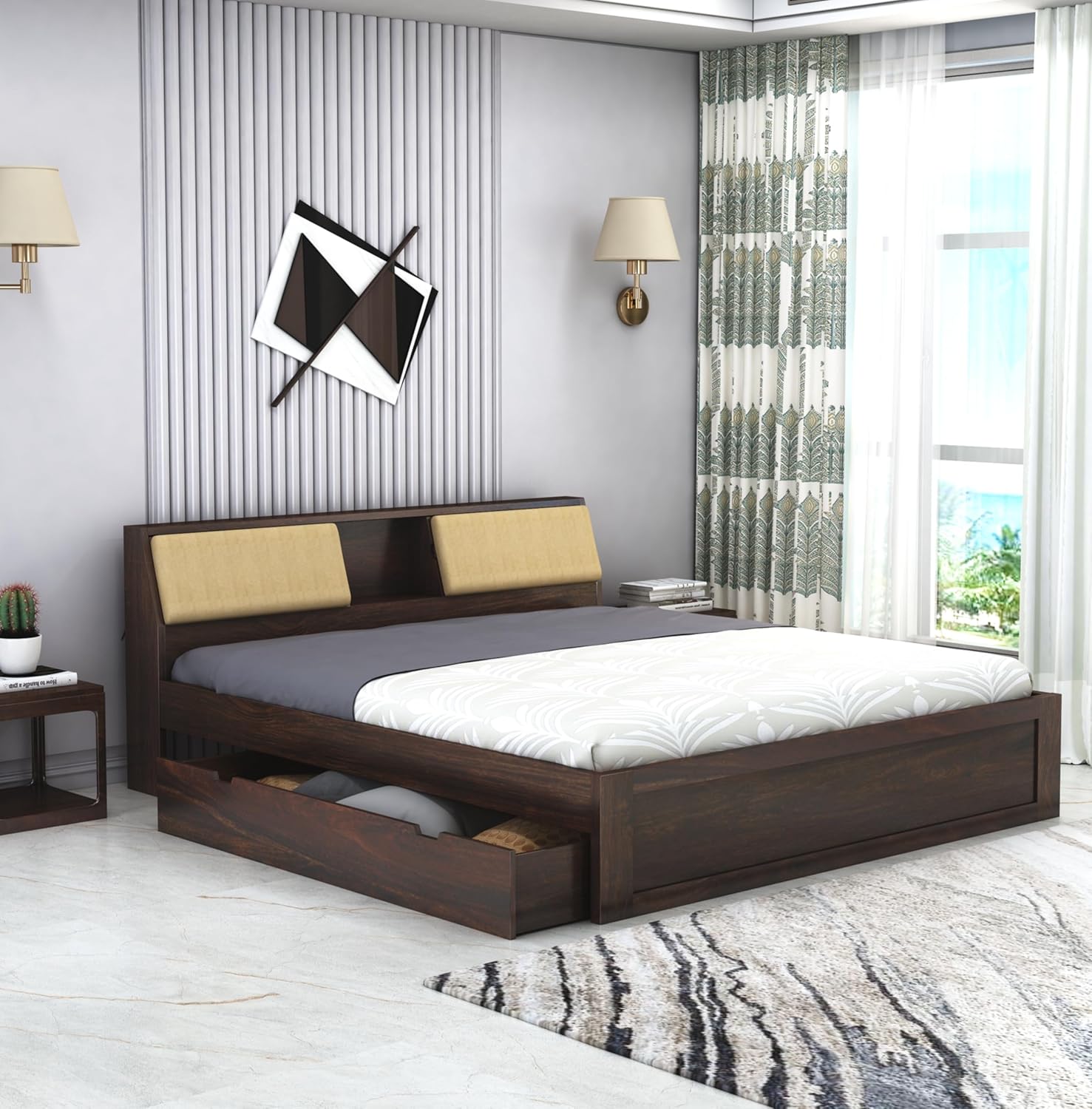 STRATA FURNITURE Sheesham Wood King Size Bed with Drawer and Headboard Storage for Bedroom Living Room Home Wooden Double Bed Cot Palang Furniture (Walnut Finish)