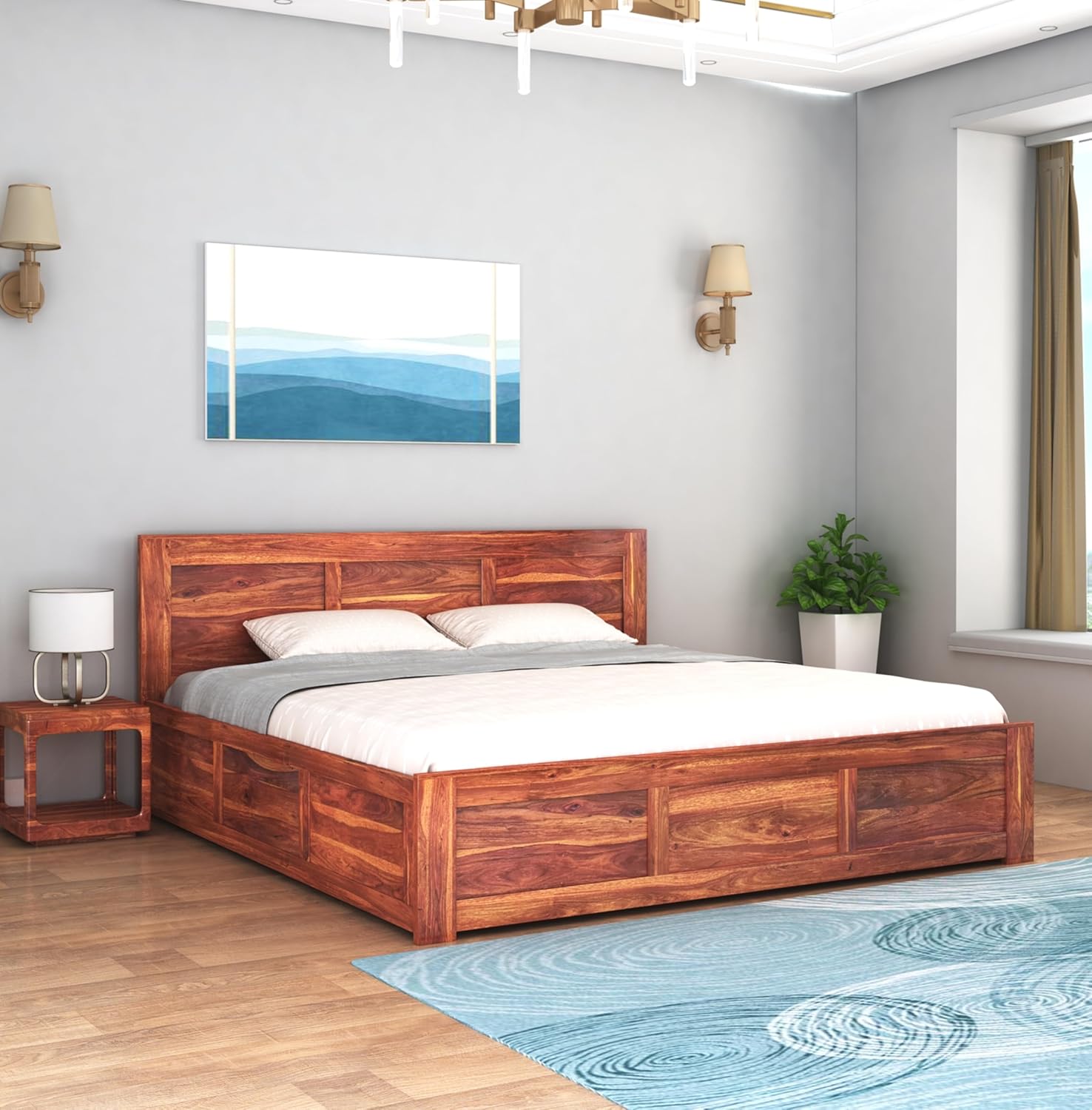 STRATA FURNITURE Sheesham Wood King Size Bed with Box Storage Wooden Double Bed Cot Bed Furniture for Bedroom Living Room Home (Honey Finish)