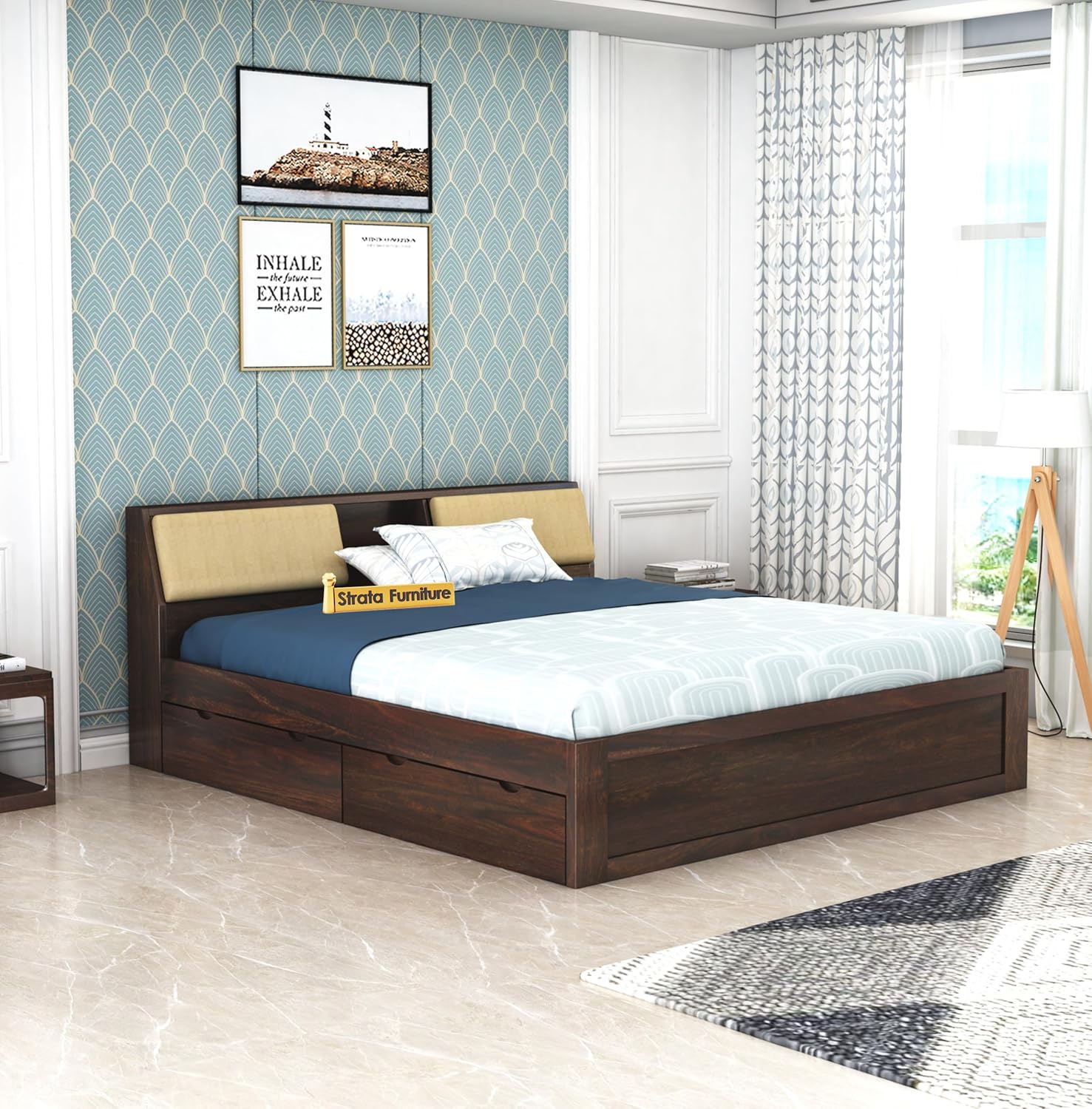STRATA FURNITURE Sheesham Wood King Size Bed with Drawer Storage Solid Wood Double Bed Palang Wooden Bed for Bedroom Living Room Furniture (Walnut Finish)
