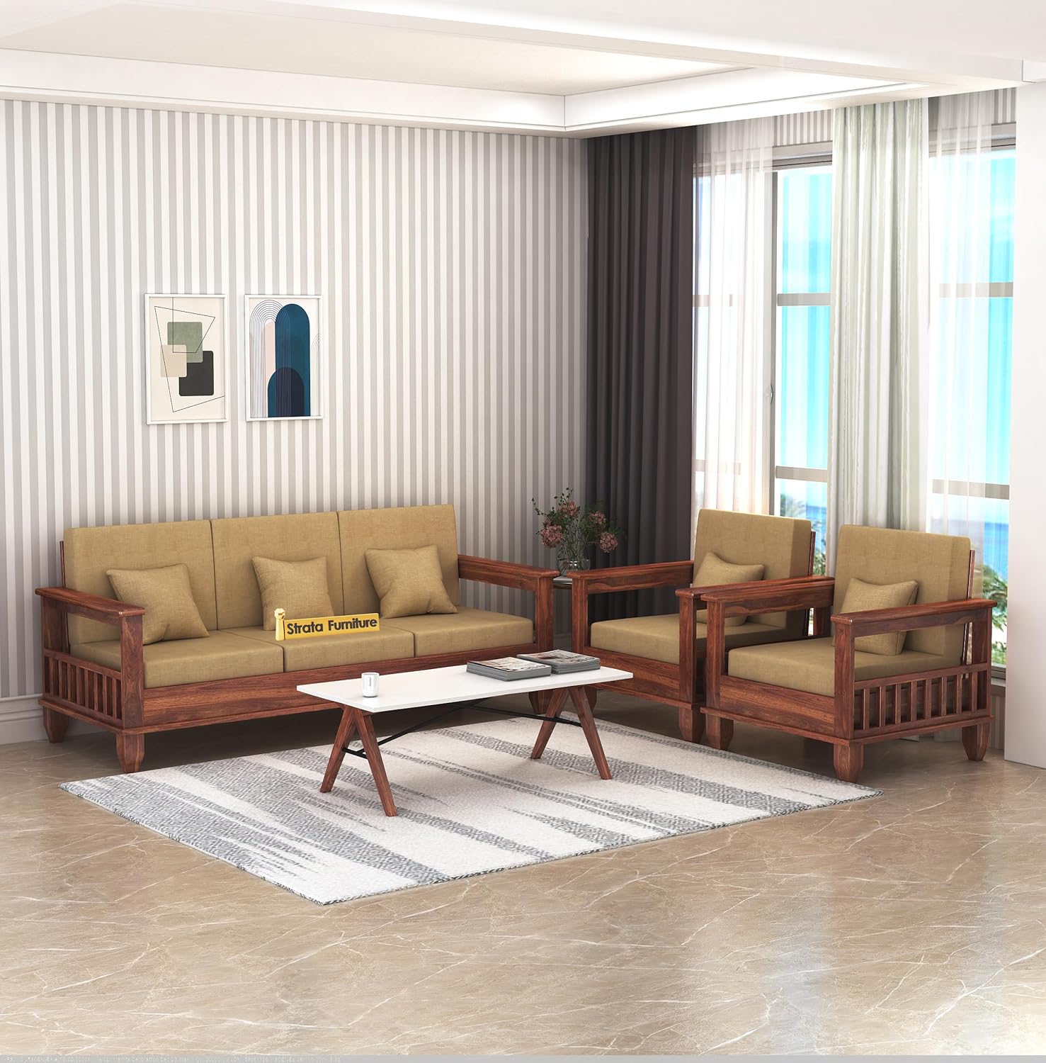 STRATA FURNITURE Sheesham Wood 5 Seater Sofa Set for Living Room Home Office Hall Solid Wooden 3+1+1 Seater Sofa Set Furniture (Honey Finish)
