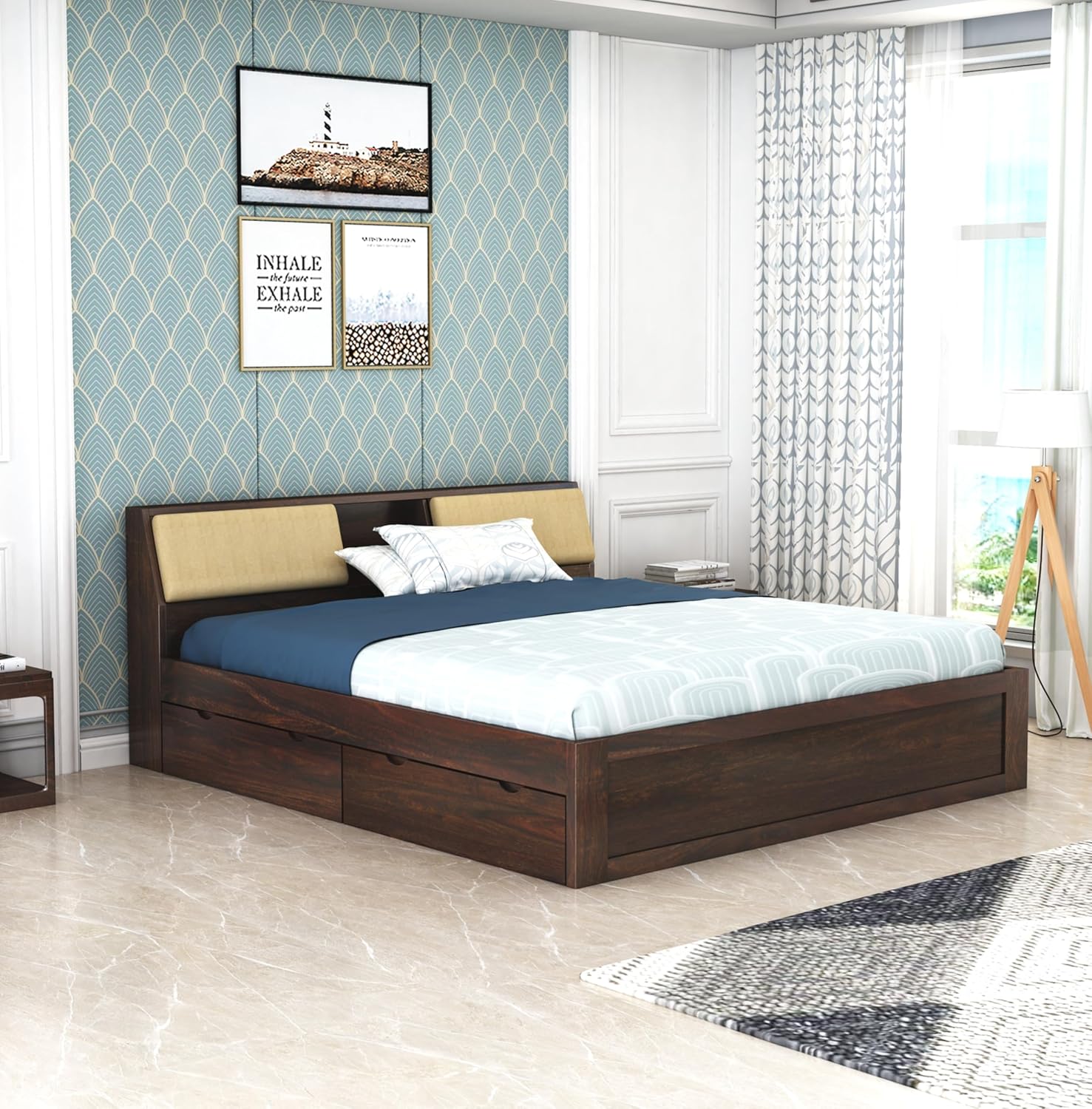 STRATA FURNITURE Sheesham Wood Queen Size Bed with Drawer Storage Solid Wood Double Bed Palang Wooden Bed for Bedroom Living Room Furniture (Walnut Finish)