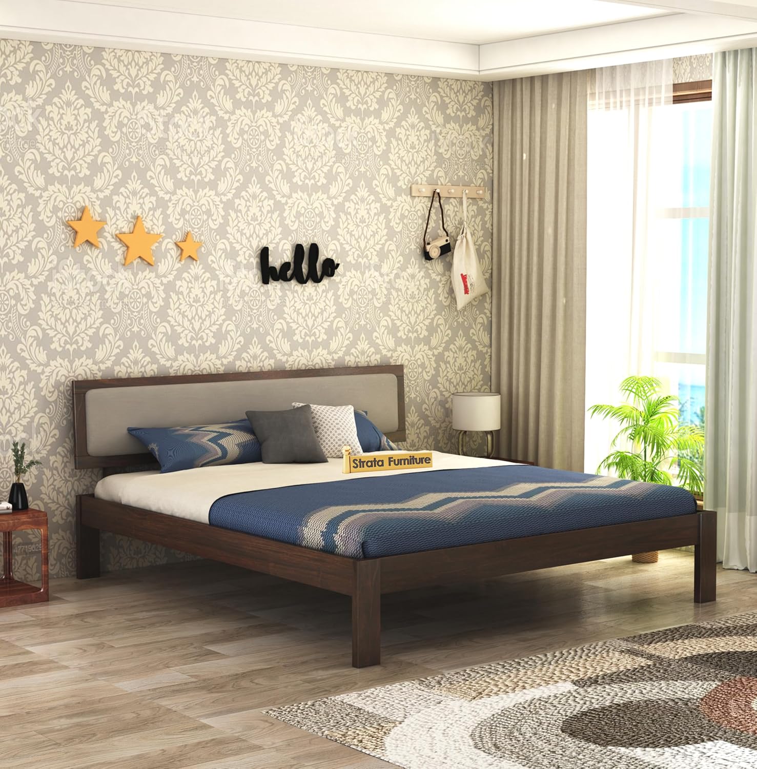 STRATA FURNITURE Solid Sheesham Wood Queen Size Bed Without Storage for Bedroom Living Room Home Wooden Cot Double Bed Palang with Cushion Headboard Furniture (Walnut Finish)