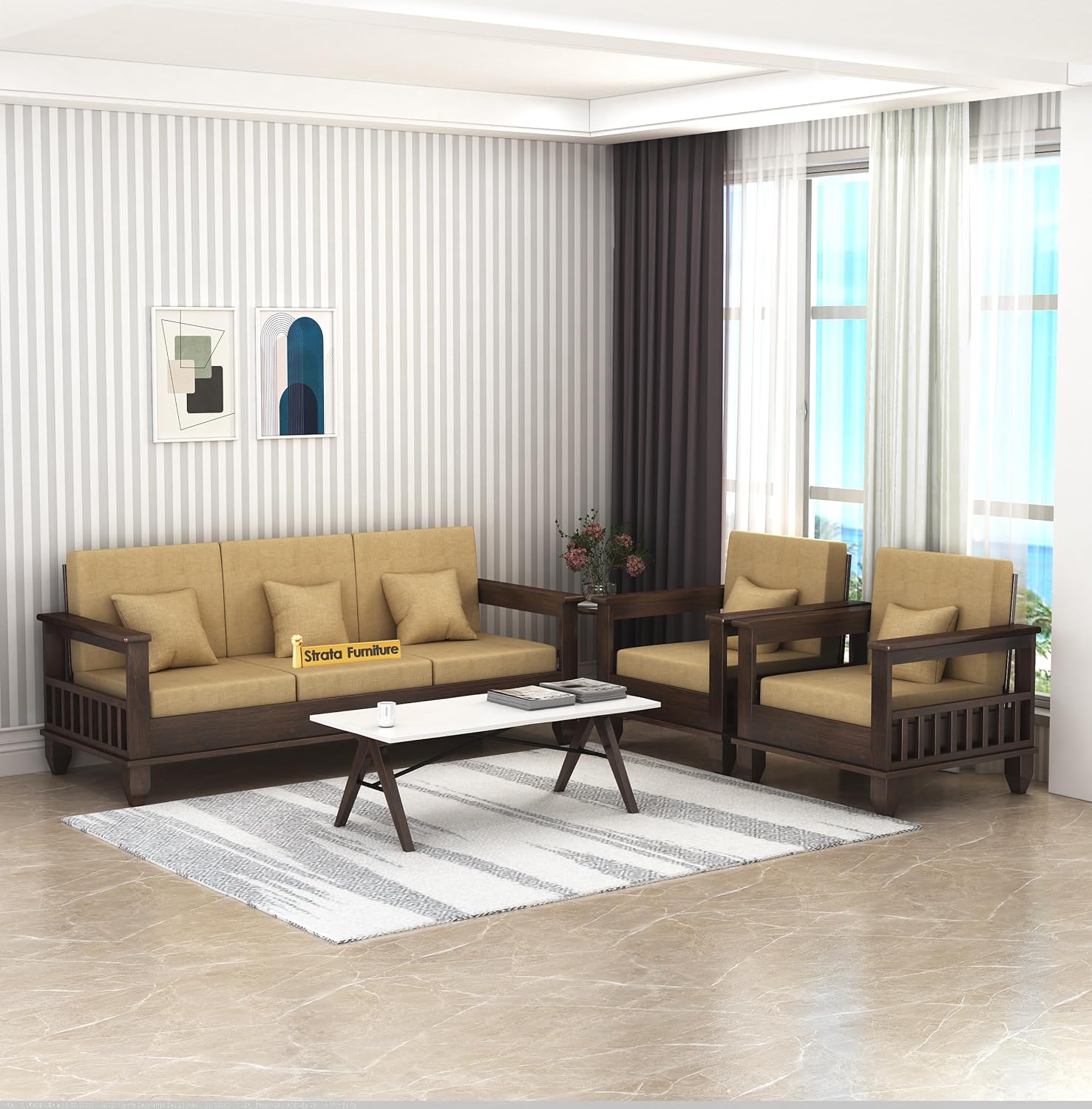 STRATA FURNITURE Sheesham Wood 3 Seater Sofa Set for Living Room Home Office Solid Wooden Three Seater Sofa Set Furniture (Walnut Finish)