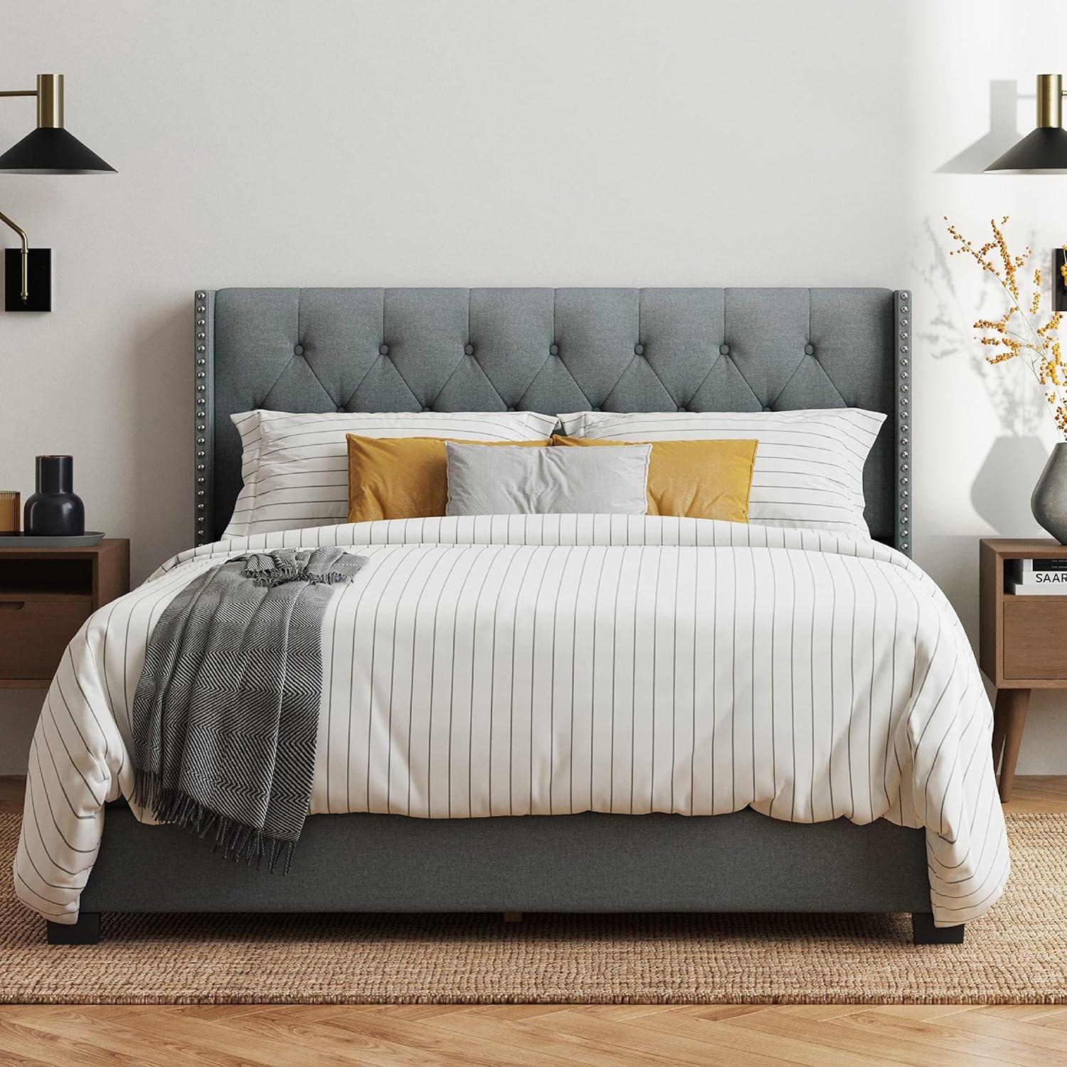 STRATA FURNITURE Wooden Queen Size Wingback Headboard Bed Cot Without Storage Upholstered Double Bed for Bedroom Living Room Home (Dark Grey Finish)
