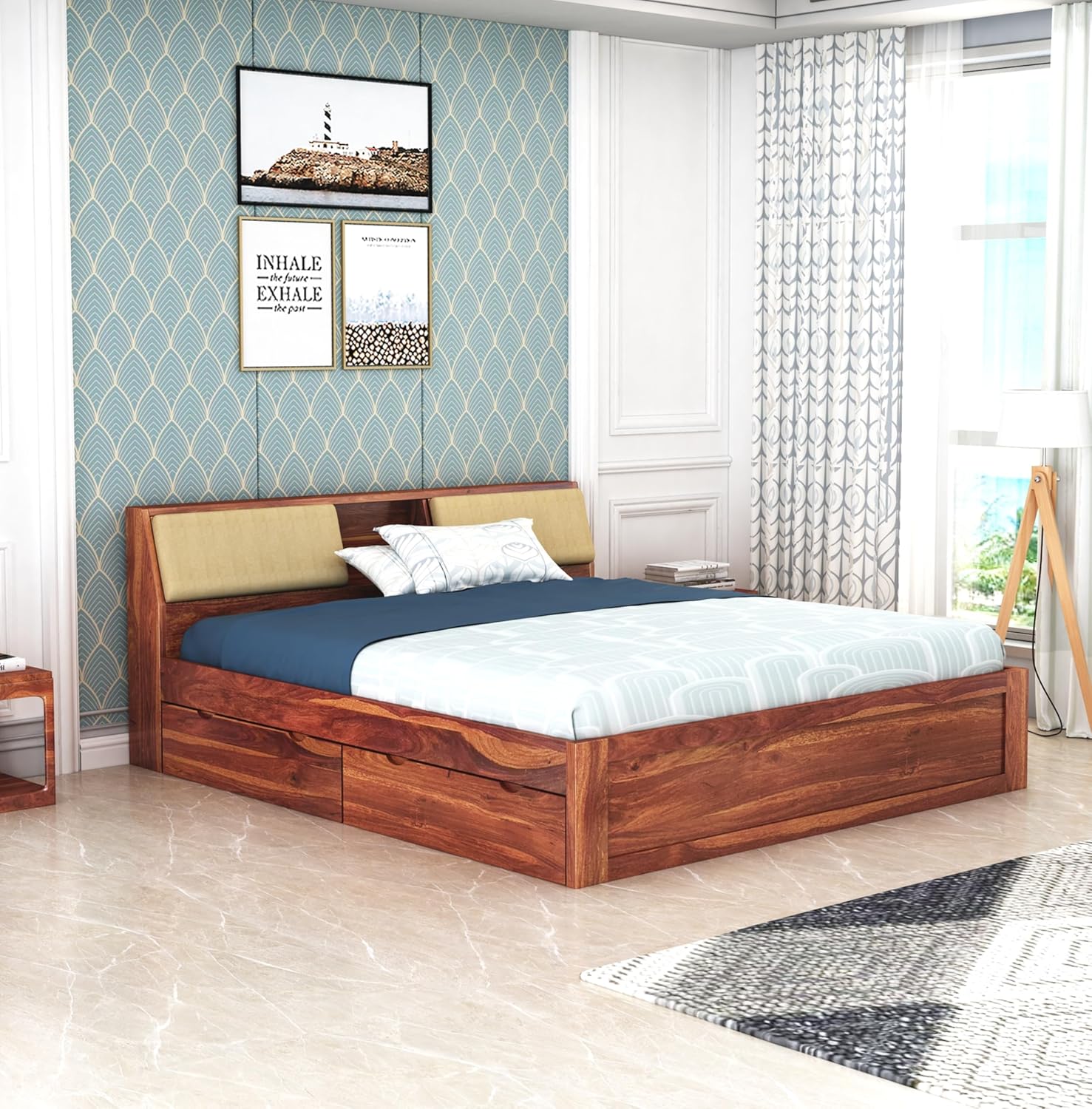 STRATA FURNITURE Sheesham Wood King Size Bed with Drawer Storage Solid Wood Double Bed Palang Wooden Bed for Bedroom Living Room Furniture (Honey Finish)