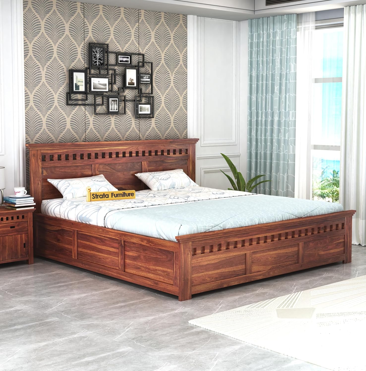 STRATA FURNITURE Sheesham Wood King Size Bed with Box Storage Wooden Double Bed Cot Bed Furniture for Bedroom Living Room Home (Natural Finish)