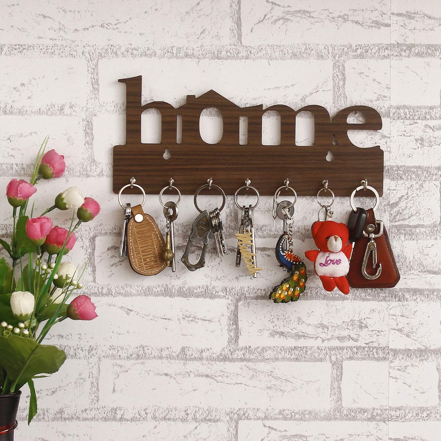 STRATA FURNITURE Wooden Home Key Holder for Living Room Bedroom Home Wall Decor Stylish Holder Solid Wood Wall Mounted Key Holder Stand (Brown Finish)