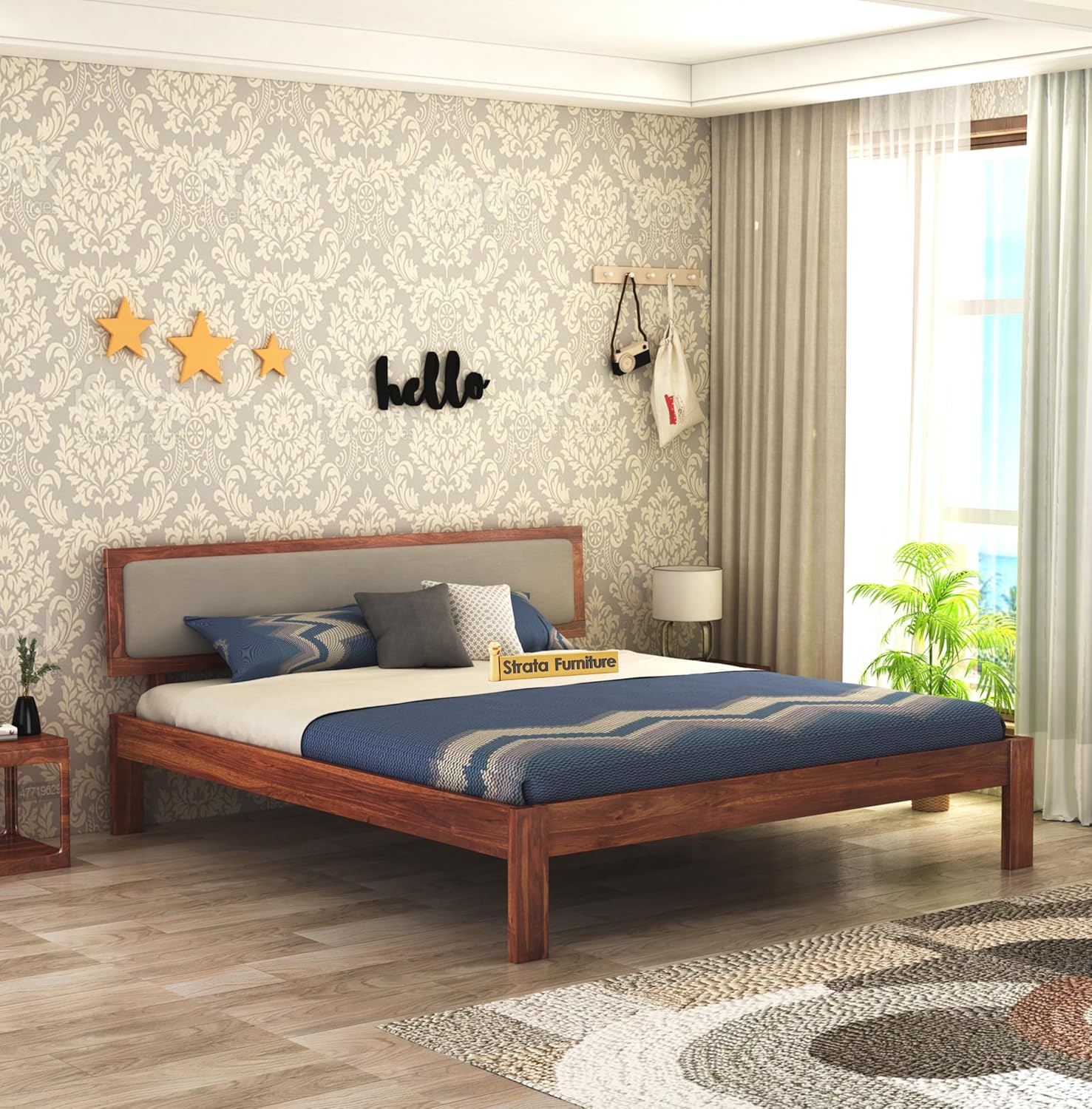 STRATA FURNITURE Solid Sheesham Wood Queen Size Bed Without Storage for Bedroom Living Room Home Wooden Cot Double Bed Palang with Cushion Headboard Furniture (Honey Finish)