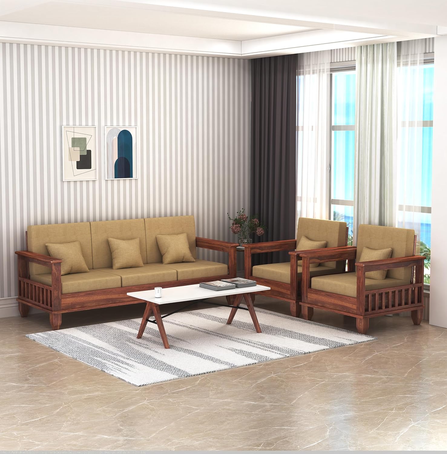 STRATA FURNITURE Sheesham Wood 5 Seater Sofa Set for Living Room Home Office Hall Solid Wooden 3+1+1 Seater Sofa Set Furniture (Honey Finish)