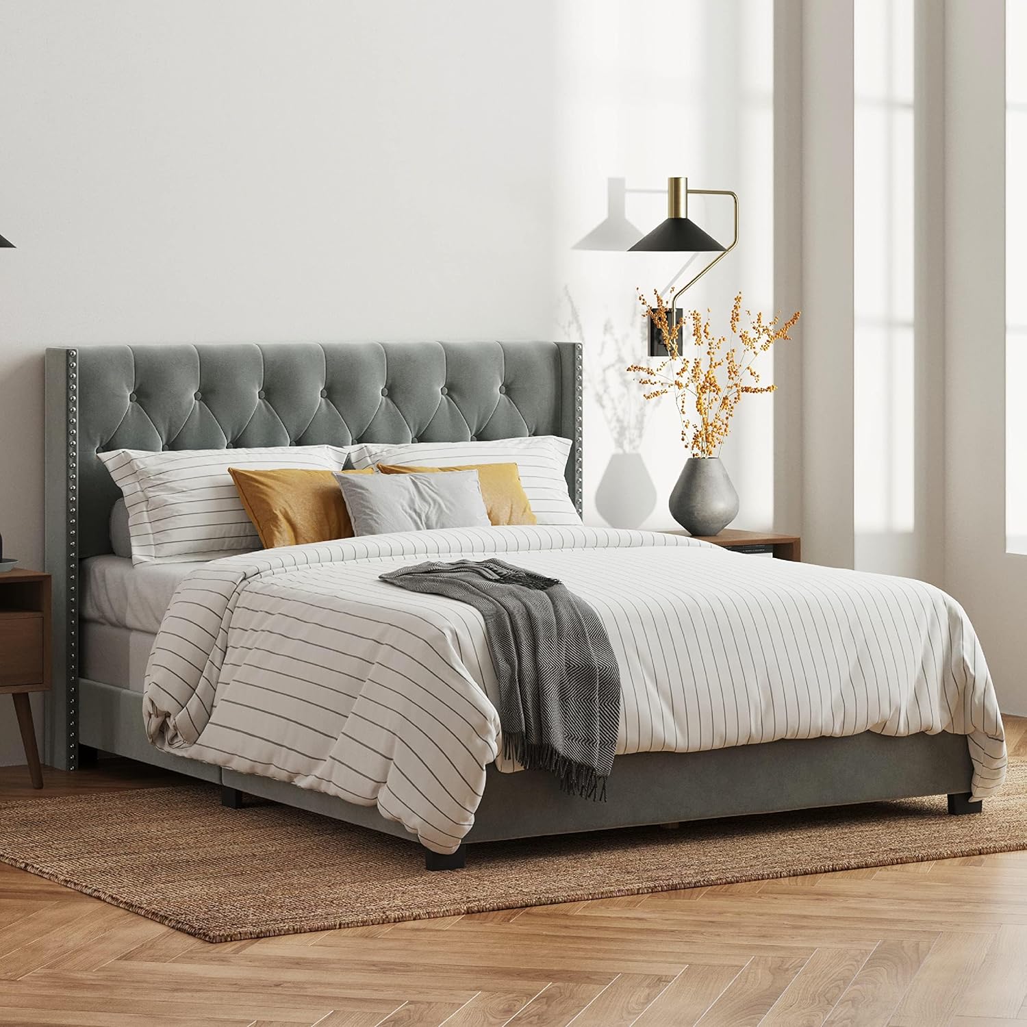 STRATA FURNITURE Upholstered Single Size Bed Without Storage for Bedroom Furniture Solid Wood Fabric Bed Wooden Single Bed Cot Palang for Home Living Room and Hotels (Grey)