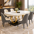 Strata Furniture Dining Table with Nano Composite Marble Top & PVC Golden Wooden Base | Fabric Upholstered Chairs | Modern Dining Table Set for Home, Dining Room (Grey&Cream, 6 Seater, 5yrs Warranty)