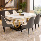 Strata Furniture Dining Table with Nano Composite Marble Top & PVC Golden Wooden Base | Fabric Upholstered Chairs | Modern Dining Table Set for Home, Dining Room (Grey&Cream, 6 Seater, 5yrs Warranty)